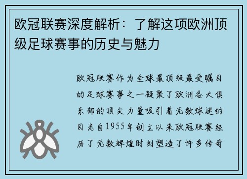 欧冠联赛深度解析：了解这项欧洲顶级足球赛事的历史与魅力